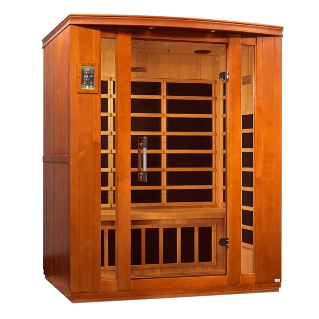 Dynamic Saunas Bellagio Sauna à Infrarouge Lointain pour 3 Personnes avec construction en Bois Naturel hemlock, Doté d'Une Porte en Verre Trempé, de Panneaux de Commande DEL Intérieurs et Extérieurs, et d'Un Éclairage de Chromothérapie. Conçu pour une Capacité de Trois Personnes, Il Comprend Neuf Émetteurs de Chaleur à Faible CEM en Carbone, un Système de Musique Compatible Bluetooth avec Deux Haut-Parleurs Dynamiques, et une Évent de Toit. dimensions Extérieures Sont 60 Pouces de Large, 44 Pouces de Profond et 75 Pouces de Haut, avec un Surplomb de Toit Ajoutant 4,4 Pouces