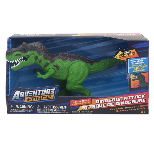 Adventure Force Dinosaur Attack - T-Rex poseable green and black dinosaur toy with textured skin and sharp teeth, featuring light and sound effects activated by pressing the arm, displayed in blue and orange packaging with bilingual English and French text and safety warnings for ages 3 and up.
