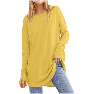 Long Sleeve Tunics for Women 2024 Tunic Tops with Thumb Holes Casual Loose Crew Neck Shirts for Leggings Pullover Tops Blouses T-Shirts Yellow XXL