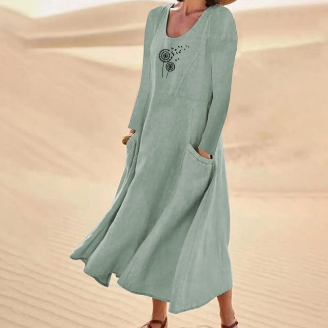 Meichang Robes d'Été Décontractées pour Femmes, Robes Maxi Évasées en Coton et Lin, Manches Longues, Encolure Dégagée, Imprimé Pissenlit, Robes Amples en Lin avec Poches, Vert G