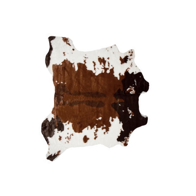 H-Luxe Faux Fur Cowhide Rug with a natural cowhide shape featuring brown, dark brown, and white patches. Made from soft acrylic plush with low pile, this durable, machine-tufted rug suits indoor high-traffic areas and adds textured style to any room.