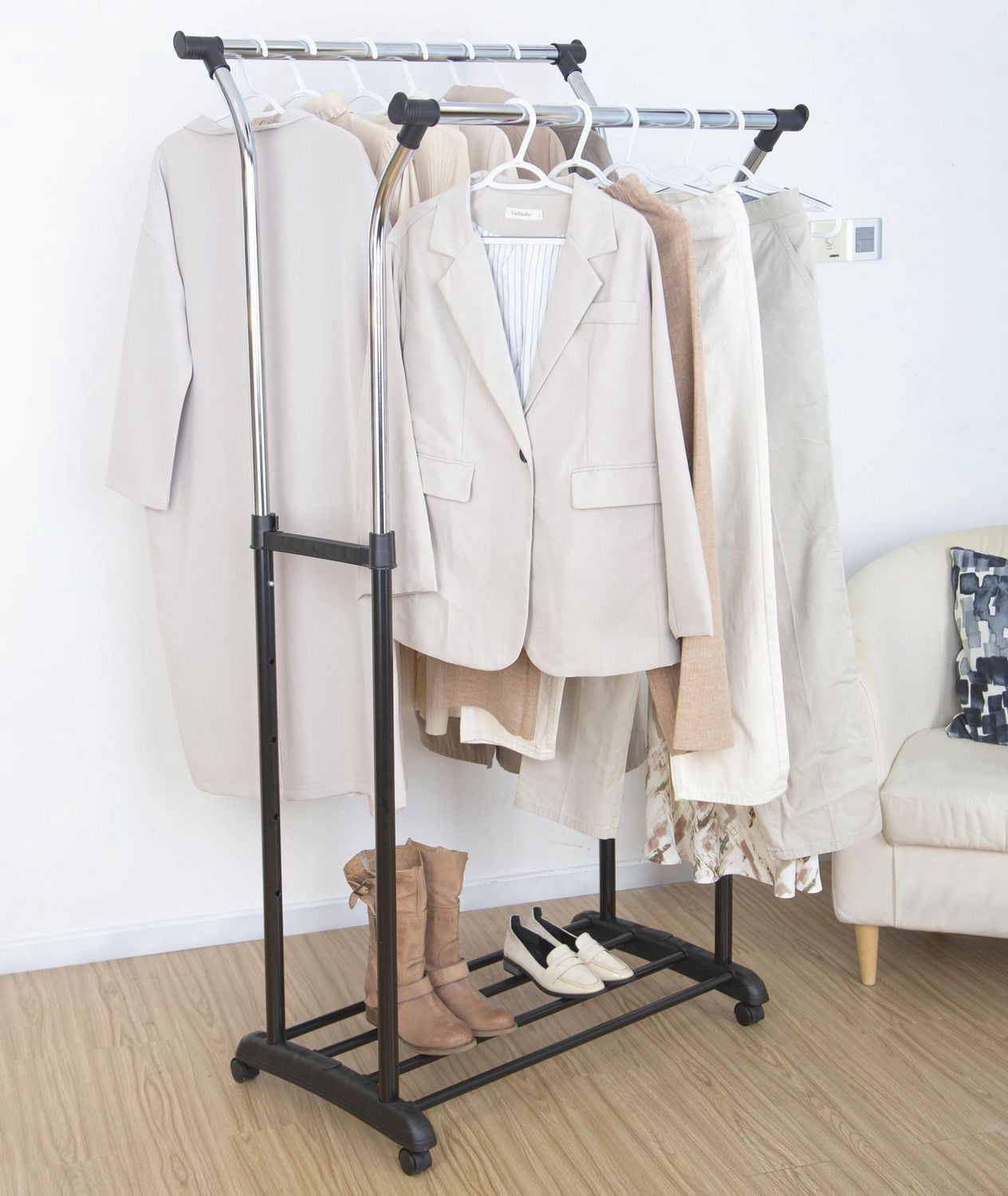 Mainstays Double Rod Garment Rack, Rolling Clothes Organizer, Black/Chrome, Flared Design, Adjustable Height, Storage Long and Short Garments