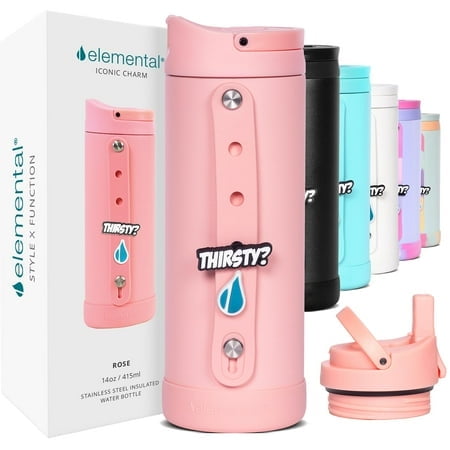 Elemental Iconic Kids Water Bottle with Straw Lid & Charms Strap Leak-Proof When Closed Triple Insulated Stainless Steel Reusable Thermos Water Bottle - 14oz Rose