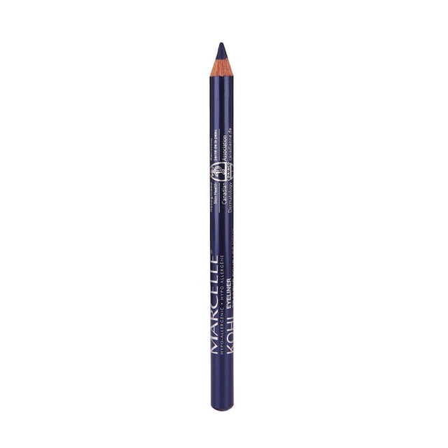 Marcelle Kohl Eyeliner - Eye -Brightening Beige pencil eyeliner with a dark blue wooden body and sharpened tip, featuring white printed brand and product details. Hypoallergenic and designed for smooth, intense coverage on the waterline without bleeding.