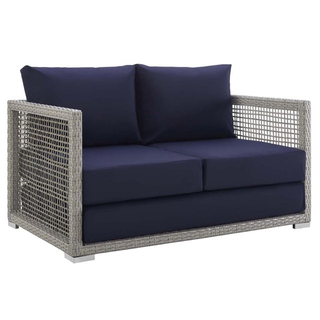 Modway Aura Modern Rattan & Fabric Outdoor Patio Loveseat in Gray and Navy