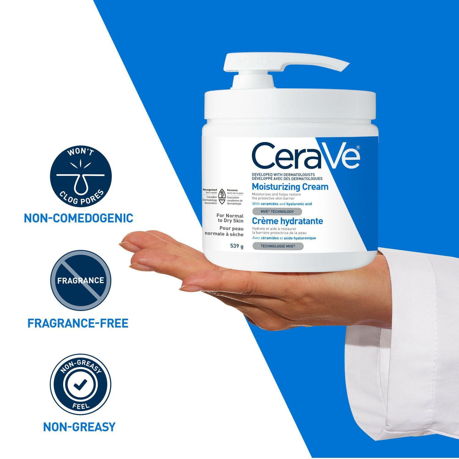 CeraVe Crème Hydratante, Crème Riche pour Visage et Corps avec Céramides pour Peau Sèche, 539 g