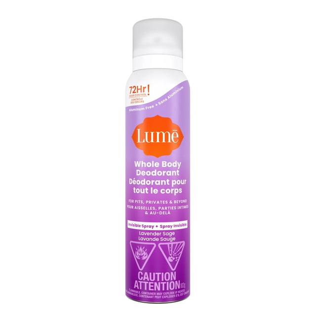 Lume Whole Body Women’s Deodorant spray in a 3.6oz purple and white can with orange logo, aluminum free formula, lavender sage scent, clinically proven to block odor for 72 hours on pits, privates, and beyond with invisible spray, suitable for use on skin folds and creases.