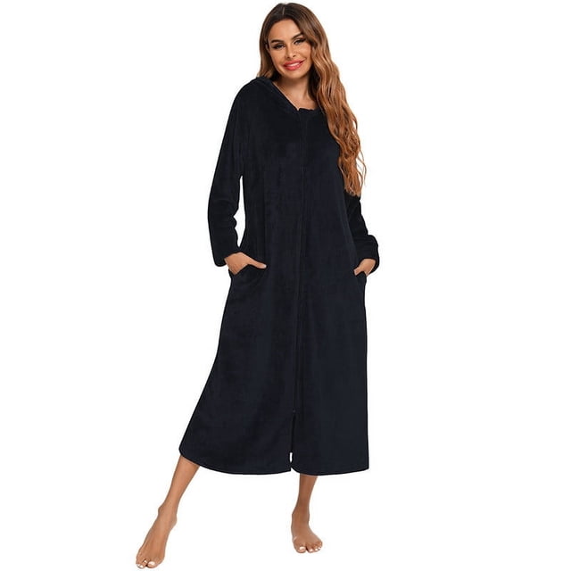 AherBiu Robes for Women Zipper Front Lightweight Sherpa Soft Bathrobe Plush Warm Winter Robe with Hood