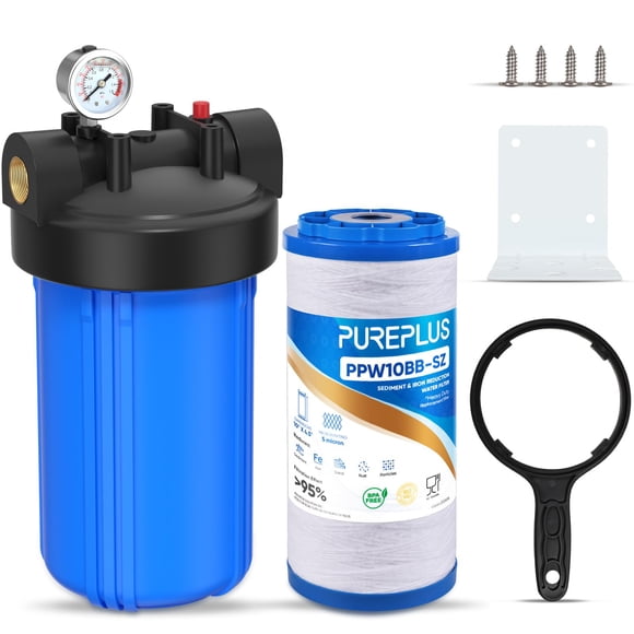 PUREPLUS Filtre à Eau pour Toute la Maison à 1 Étape, avec Fer et Manganèse Réducteur, pour Eau de Puits, Boîtier Universel 10"x4.5"