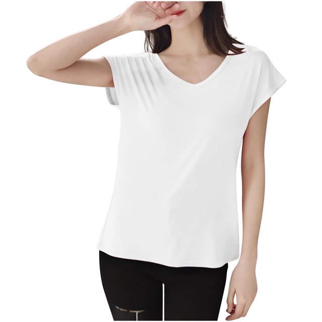 FRSASU T-Shirt de Sommeil Uni pour Femme Haut de Pyjama à Col en V Blanc