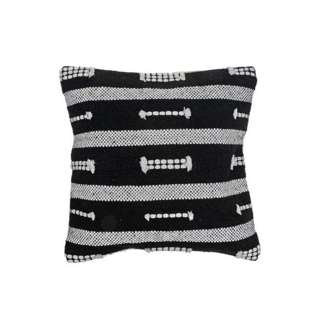 Coussin en Coton Tissé à la Main (Agrafe) - Ensemble de 2 de Forme Carrée, Rayures Horizontales Noires et Blanches, et Motifs Tissés Blancs Texturés sur Tissu en Coton Noir, Convient comme Coussins Décoratifs pour Canapés Ou sofas de Salon et Souvent Utilisé pour Ajouter du Contraste à la Déco Maison Moderne.