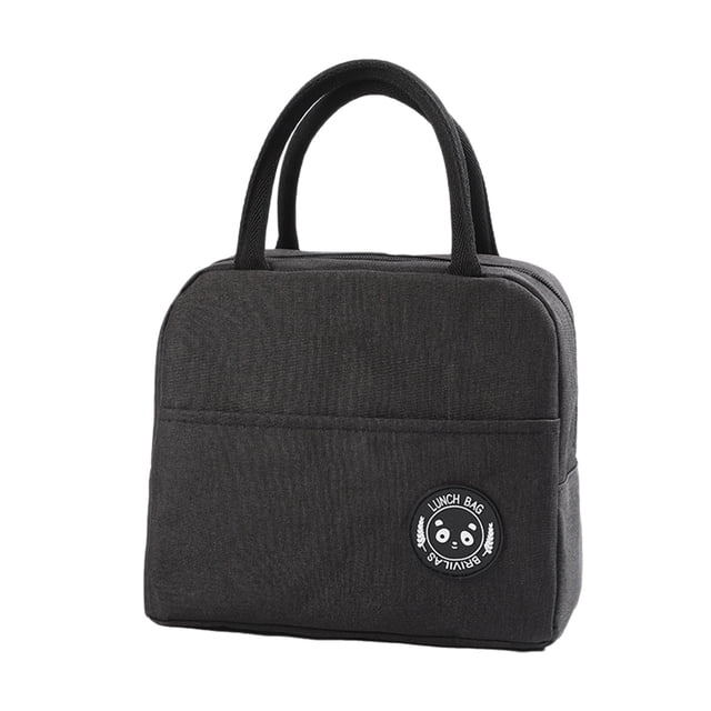 Riforla Lunch Bag Insulated Lunch Box for Women in black, designed with a durable exterior, front pocket, and sturdy handles. Features a thick aluminum foil liner for thermal insulation, ideal for keeping food fresh during work or picnics. Compact size of 9.05 x 5.51 x 7.87 inches with smooth zippers for easy access. Reusable and suitable for indoor and outdoor use.