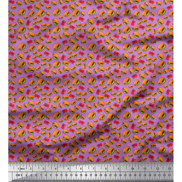 Soimoi Japan Crepe Satin Fabric Coke & Burger Food Print Sewing Fabric Yard 42 Inch Wide