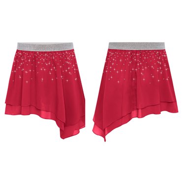 Zaldita Kids Girls Shiny Lyrical Ballet Skirt Asymmetrical Chiffon Dance Skirt with Sparkly Elastic Waistband Red 16