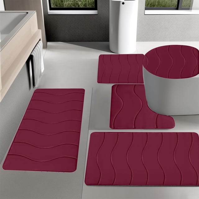 Fridja Bathroom Rugs 5 Piece - Absorbent Memory Foam Bath Mat for Bathroom, Non-Slip, Machine Washable, Dries Quickly, Bathroom Mat Set Red