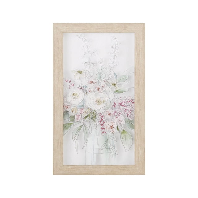 HOMETRENDS Art Mural 12x7 Art Mural Encadré Présentant une Impression Aquarelle Florale avec des roses Blanches, des Fleurs roses et des Feuilles Vertes dans un vase Transparent, Ensemble sous Verre avec un Cadre en Bois Clair, Convient aux Murs d'Accent de Décoration Intérieure Ou aux Espaces de Bureau.