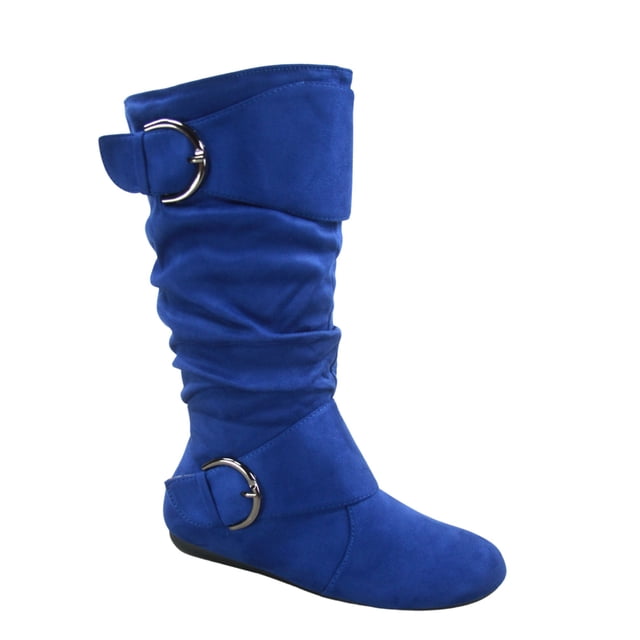 Bottes Mi-Mollet à Bout Rond pour Femmes Zone 70, Confort, Fermeture Éclair, Boucle, Style Plissé Décontracté, Talon Plat ( Bleu Royal, 9)
