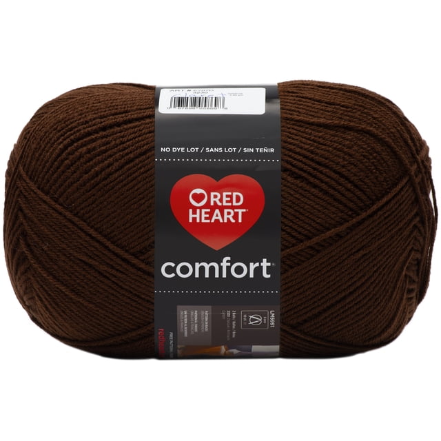 Red Heart® Comfort® Yarn solid brown acrylic #4 medium weight, 16oz/454g skein with 867 yards, tightly wound with a black label featuring the Red Heart logo and product details, suitable for knitting, crochet, and crafting warm blankets or throws.