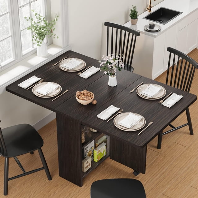 Alkmaar Folding Dining Table with Drop Leaf and 2 Storage Racks-Ideal for Small Spaces,Versatile Collapsible Extension Dinner Kitchen Office Desk Table, Foldable Extendable Space Saving Furniture