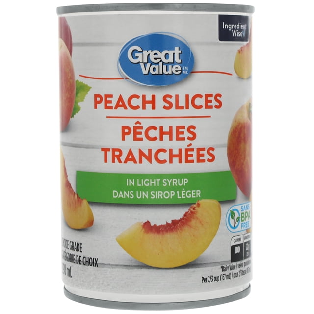 Great Value Tranches de Pêche en Boîte de Sirop Léger avec Texte Bilingue Anglais et Français, Présentant des Tranches de Pêche de Qualité Choix et des Pêches Entières sur un Fond en Bois Clair, Emballage recyclable Sans BPA, Étiquette Ingrédient Wise et des Informations Nutritionnelles, Convenant aux desserts Ou aux Collations.