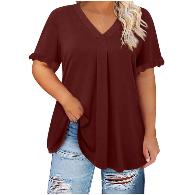 Chbgutlmr Womens Shirts Plus Size V Neck Ruffle Short Sleeve Ruched Blouse Loose Comfy Summer Casual Tops