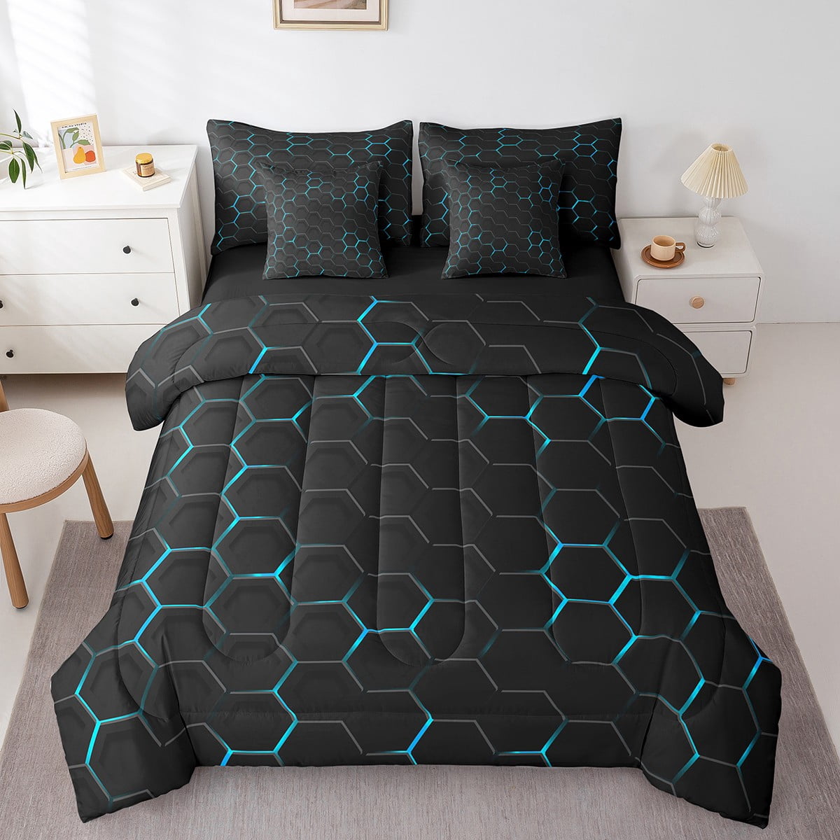 YST 7 Piece Blue Honeycomb Print Bed in a Bag, Geometric Fitted Sheet Set, Modern Abstract Bedding Comforter Set, Twin