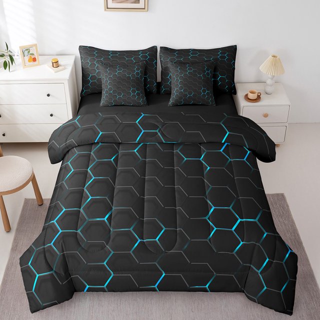 YST 7 Piece Blue Honeycomb Print Bed in a Bag, Geometric Fitted Sheet Set, 100% Polyester Microfiber, Full (7 Count)