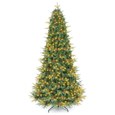 Costway 8 FT Pre-Lit Artificial Christmas Tree, Realistic Xmas Tree with 600 Warm White LED Lights, 1335 Dense Branch Tips, 81 Pine Cones, Hinged Design