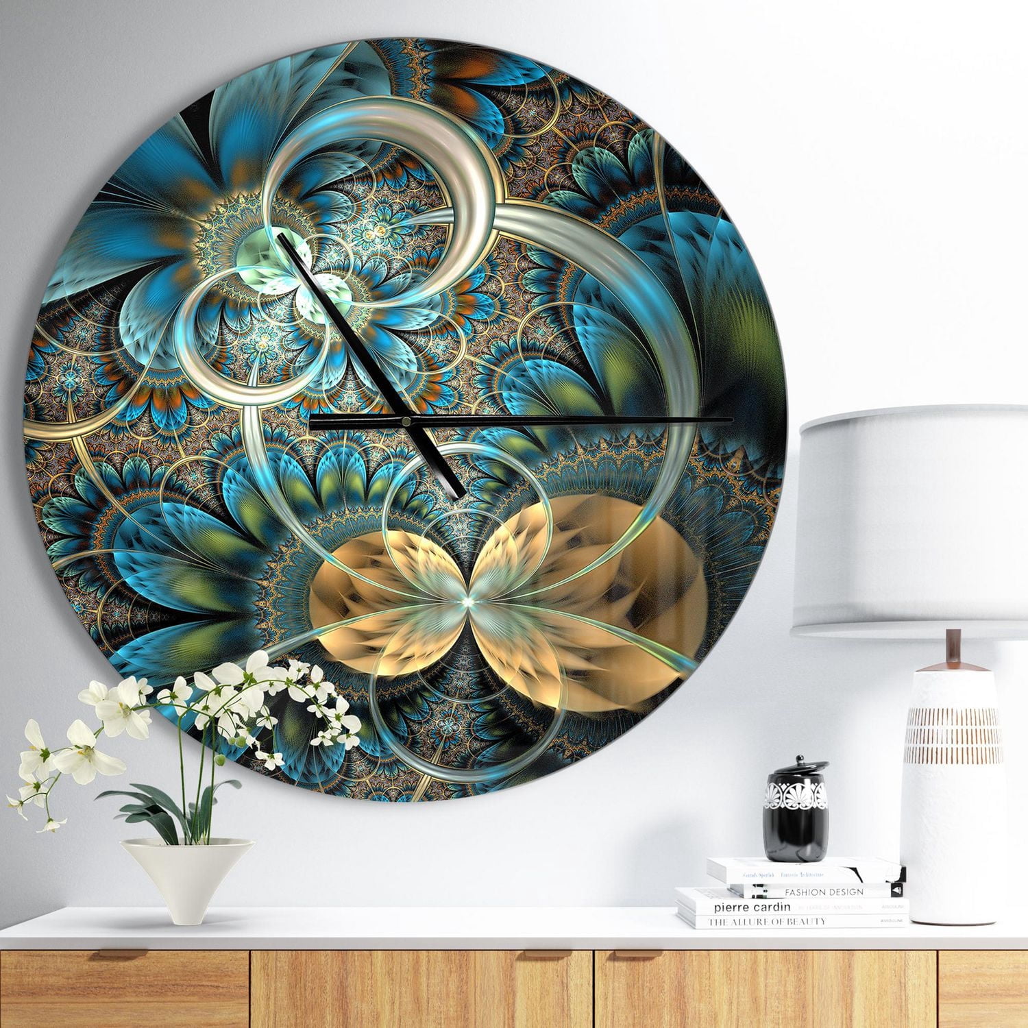 Designart Fleur fractale symétrique en or bleu horloge murale