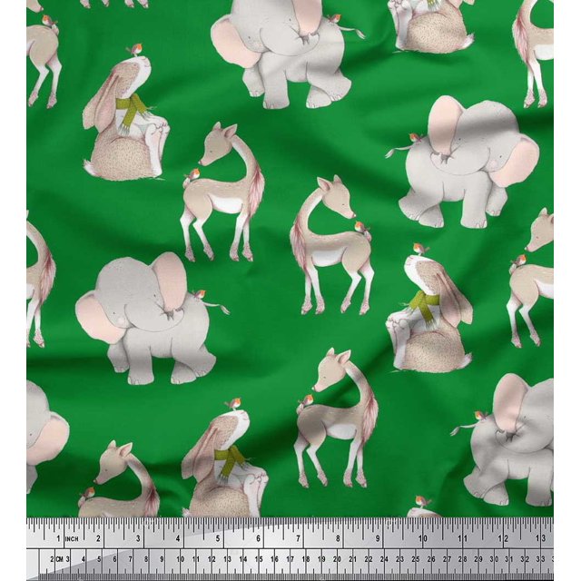 Soimoi Cotton Voile Fabric Deer,Elephant & Rabbit Kids Print Fabric by Yard 42 Inch Wide