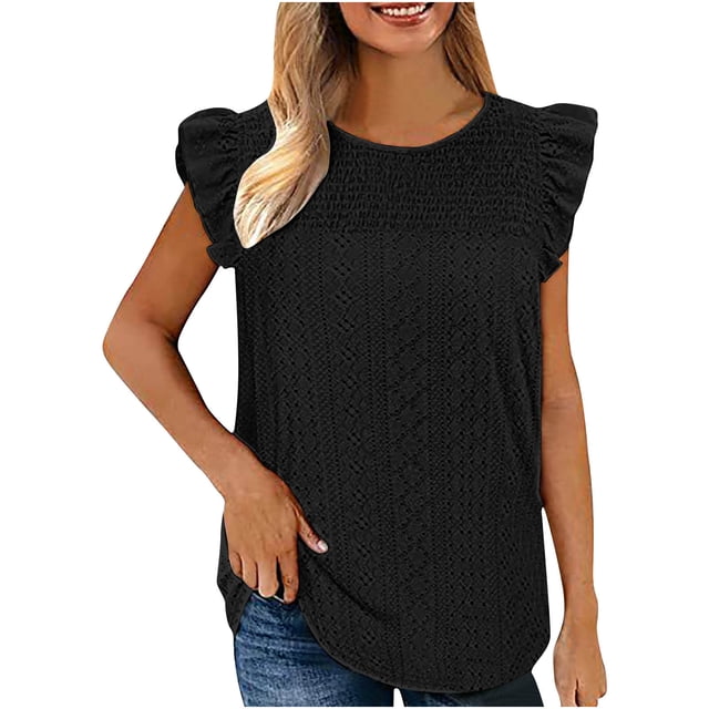 Plus Size Summer Tops for Women Crochet Crewneck Ruffle Shorts Sleeve T Shirts Loose Blouses