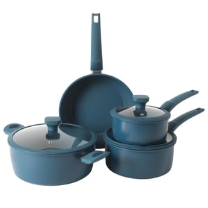 Gibson Home Helensburgh 7-Piece Céramique anti-adhésif sans PFA Châssis en acier au carbone Ensemble & ndash; Pots et casseroles bleues avec lids en verre, Saucepan, four hollandais,