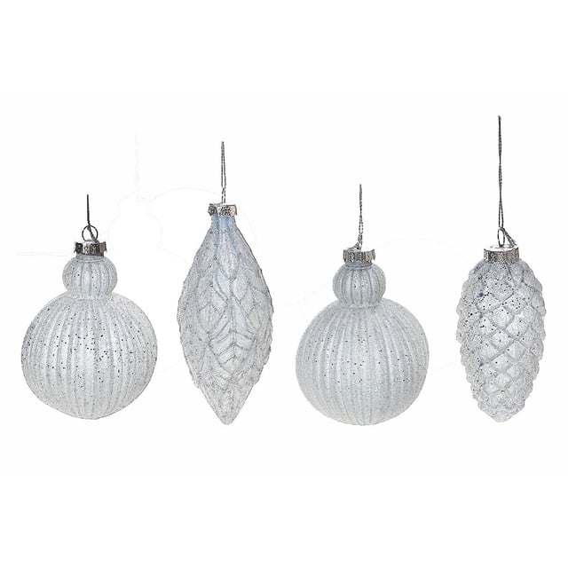 Glass Glitter Ornament Light Blue - Set of 12 featuring light blue glass Christmas tree ornaments with gold glitter, including ribbed round baubles and textured leaf and pinecone shapes, ideal for holiday home décor and decorative accents.