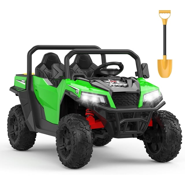 24V Ride On Dump Truck in green with a two-seater design, featuring a motorized dump bed, extra shovel, and 4WD all-terrain wheels. Equipped with LED headlights, Bluetooth music player, and a 2.4GHz remote control for parental guidance. Suitable for kids aged 3+ with a weight capacity of 110 lbs. Made of PP plastic and iron, measuring 51.57 x 29.52 x 27.95 inches.
