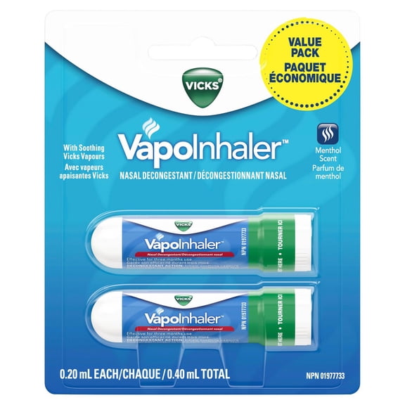 Vicks VapoInhaler Nasal Decongestant Inhaler, Menthol Scent, Pack of 2, 0.20 mL each