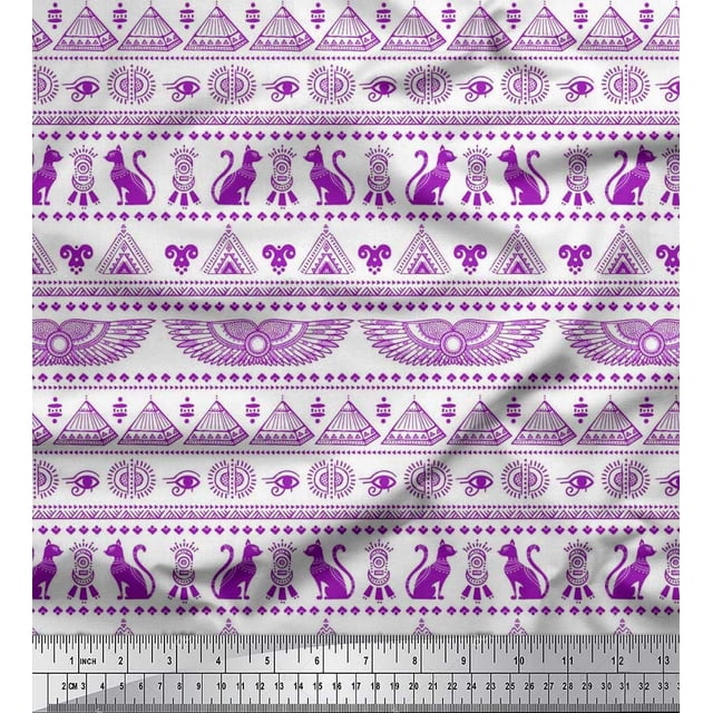 Soimoi Rayon Crepe Fabric Cat,Pyramids & Wings Egyptian Fabric Prints By Yard 46 Inch Wide