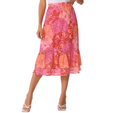 INSPIRE CHIC Women's Chiffon Skirts Elastic Waist Ruffle Tiered Floral Midi Skirts Hot Pink-Floral XL