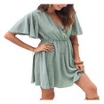 thumbnail image 4 of Femmes Casual Mousseline Mini Robe Manches Courtes Point Imprimé V Cou Taille Haute une Robe de Ligne d'Été Robe de Plage, 4 of 6