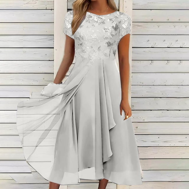 EGNMCR Robes de Soirée pour Femmes, Robes Formelles pour Femmes, Robes de Cocktail pour Femmes Femmes Unies à Manches Courtes Col Rond Dentelle Mousseline Maille Taille Robes de Fête Jupe en Mousseline pour Femmes