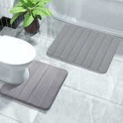 Foam Bath Mat Set 2 Pcs, Xinsrenus Extra Soft Absorbent Non-Slip Bathroom Rugs, Thick Memory Foam Quick Dry Machine Washable Toilet Mats for Bathroom Floor Tub Shower, Gray