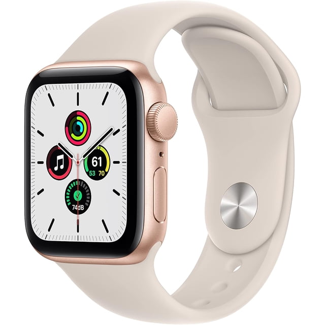 Refurbished Apple Watch SE (2020) 1st Gen 40mm A2353 (GPS + Cellular) in gold, paired with a beige sport band. The smartwatch features a rectangular display with rounded edges, displaying activity rings, heart rate, and app icons. It runs on WatchOS 7.0 with an Apple S5 chip and includes sensors like a heart rate monitor, altimeter, and compass. Professionally refurbished to Grade A+ condition, it comes with a UL-approved power adapter and charging cable but lacks original packaging, headphones, SIM card, and manual.