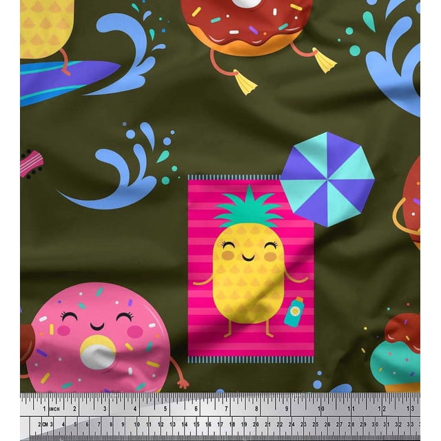 Soimoi Green Silk Fabric Beech & Fun Party Print Sewing Fabric Yard 42 Inch Wide