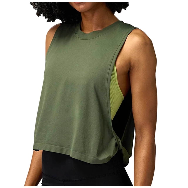 Timegard Womens Workout Tank Top Athletic Running Loose Cropped Top Tee Side Knot Solid Color Pullover