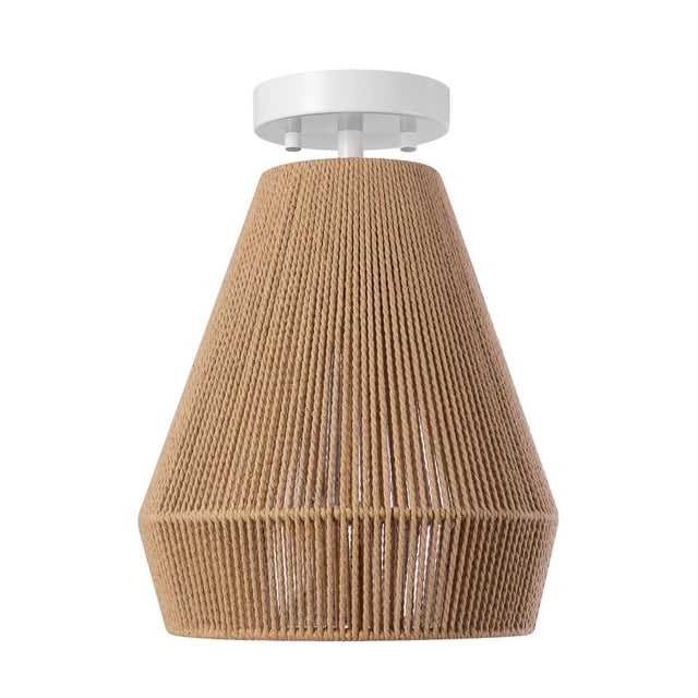 Grant 1-Light Flush Mount Ceiling Light with a matte white canopy and natural twine shade in a tapered geometric shape, designed for cottagecore style. This flush mount lighting fixture uses an E26 base bulb and is dimmable with compatible switches, suitable for kitchens or living rooms.