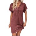 thumbnail image 1 of Robe Femme Été Décontractée Manches Retroussables Robe T-Shirt Couleur Unie Mini-Robe à Col en V, 1 of 8