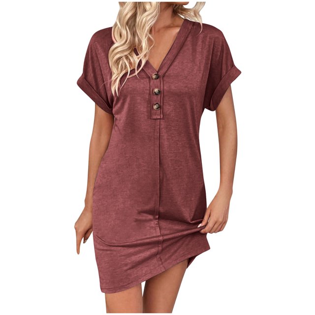 Robe Femme Été Décontractée Manches Retroussables Robe T-Shirt Couleur Unie Mini-Robe à Col en V