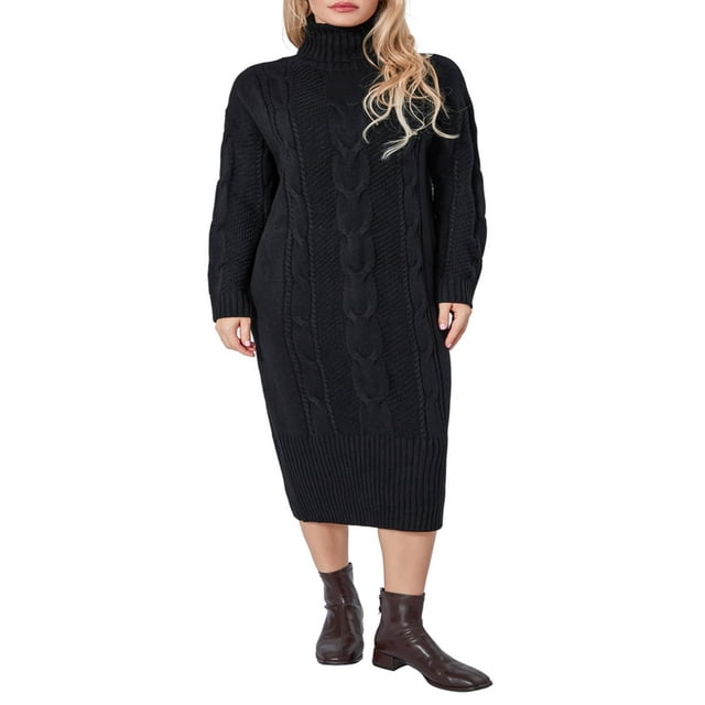 Robe Maxi Tricotée d'Hiver pour Femme à Manches Longues et Col Montant, de Couleur Unie Noire. La Robe Présente un design à Col Montant, des Manches Longues et une Coupe Longueur Genou avec un Motif jacquard Torsadé unique pour Plus de texture. Fabriquée à Partir de 95 % polyester et 5 % Élasthanne, le Tissu Est Doux, Respirant et Confortable pour l'Automne et l'Hiver. Conçue avec des Bottines Brunes, Cette Robe Polyvalente Convient aux Sorties Décontractées, au Travail Ou aux occasions Spéciales.