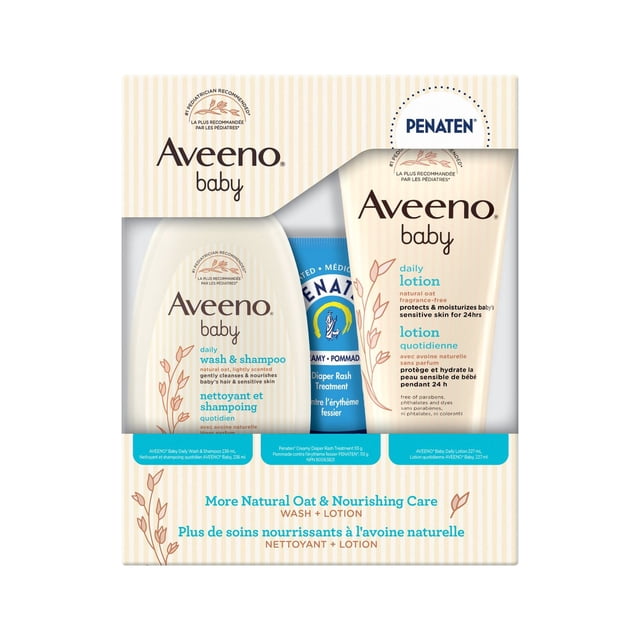 Aveeno Baby Gift Set with daily wash & shampoo, daily lotion, and Penaten diaper rash treatment, featuring natural oat formula and dermatologist-recommended care for sensitive baby skin.