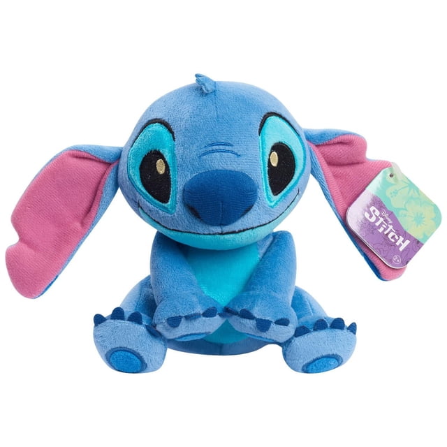 Disney’s Lilo & Stitch 7.5 Inch Beanbag Plush, Floppy Ears Stitch, front-facing with soft blue and turquoise fabric, large eyes, and oversized pink inner ears, ideal for cuddling and a collectible plush toy.