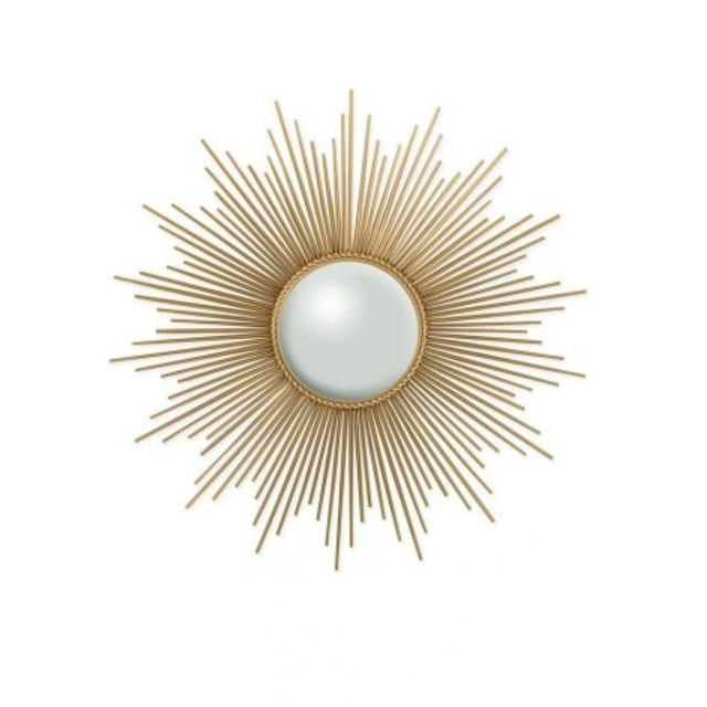 Miroir JACKI en Fer et Verre Miroir avec un Miroir Central Circulaire Encadré de Tiges de Fer Dorées Peintes à la Main, Disposées selon un Motif de Soleil, Idéal comme Miroir Mural Décoratif pour la Déco Moderne de la Maison afin d'Égayer et d'Agrandir les Espaces Intérieurs.